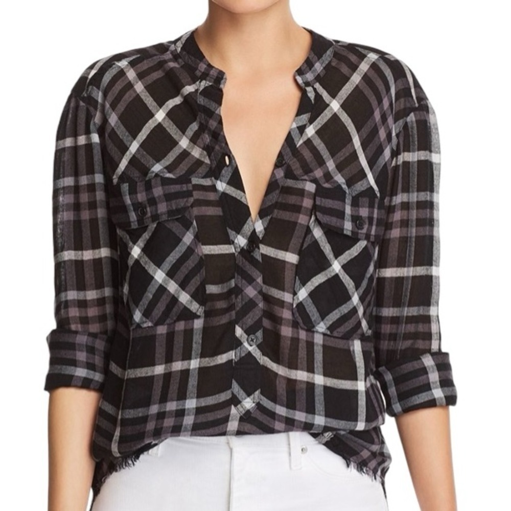 RAILS Redding Frayed Hem Plaid Shirt Top Size Small in Ink Grey White